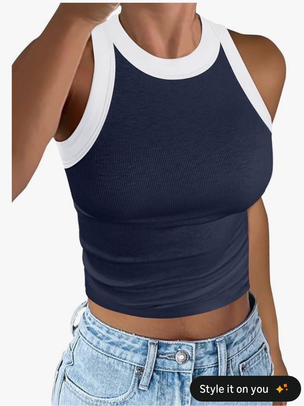 Ribbed Navy Crop Tank with White Contrast Trim